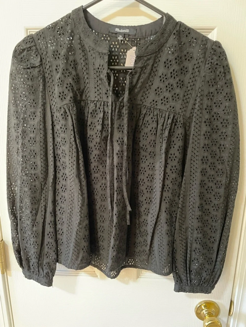 Madewell XS Eyelet Lace Peasant Blouse Tie Neck Boho Top 🖤
